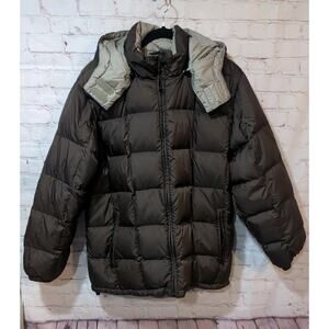 Lands’ End Women’s Reversible Down Puffer Jacket Large 14–16 Hooded Brown Gray